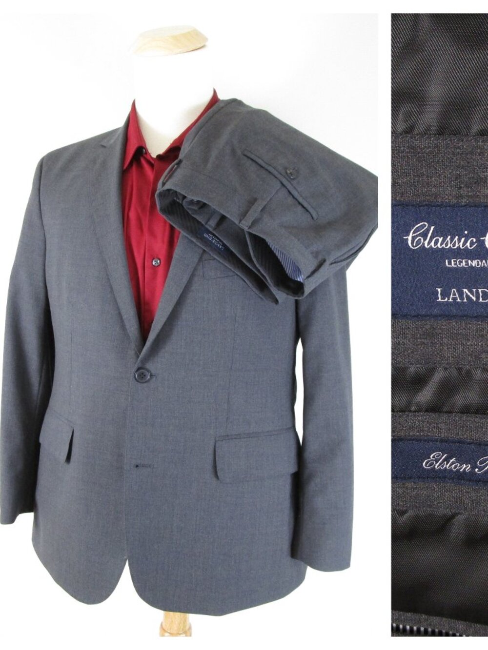 Lands End Mens Solid Gray Two Button Wool Tailored Suit Size 42SH Pants 35 X 29